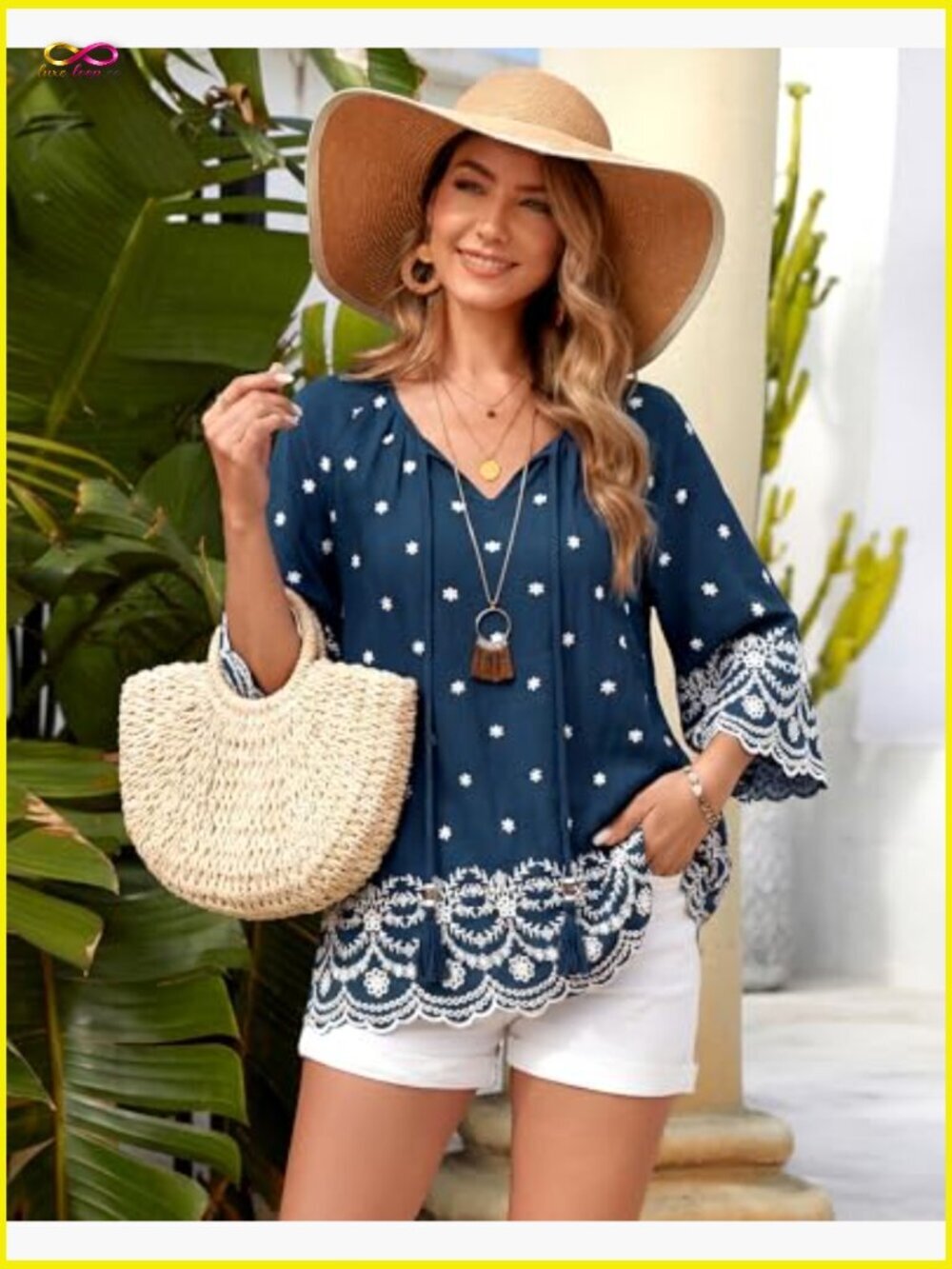 Boho Embroidered Blouse 3/4 Sleeve V Neck Flowy Summer Tunic Top - Picture 4 of 7
